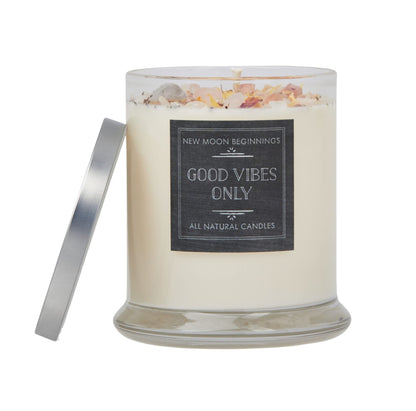 Good Vibes Only Candle by New Moon Beginnings - Negative Energy Cleansing - Soy Aromatherapy Candle - Handmade with Crystals & Herbs (12oz Round Glass Jar)