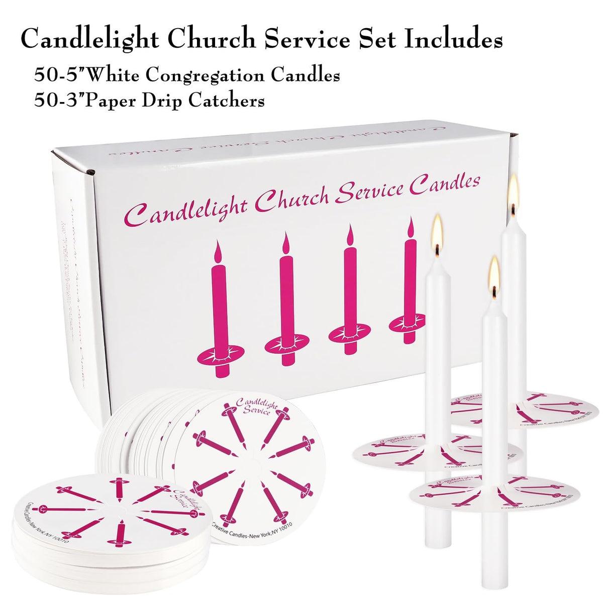 50 Pieces 5-Inch White Unscented Taper Candles with Drip Protectors for Church, Prayer, Shabbat, and Vigil Use