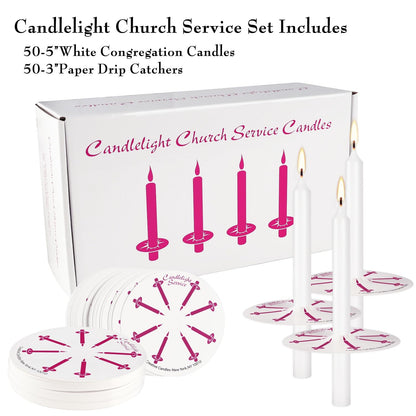 50 Pieces 5-Inch White Unscented Taper Candles with Drip Protectors for Church, Prayer, Shabbat, and Vigil Use