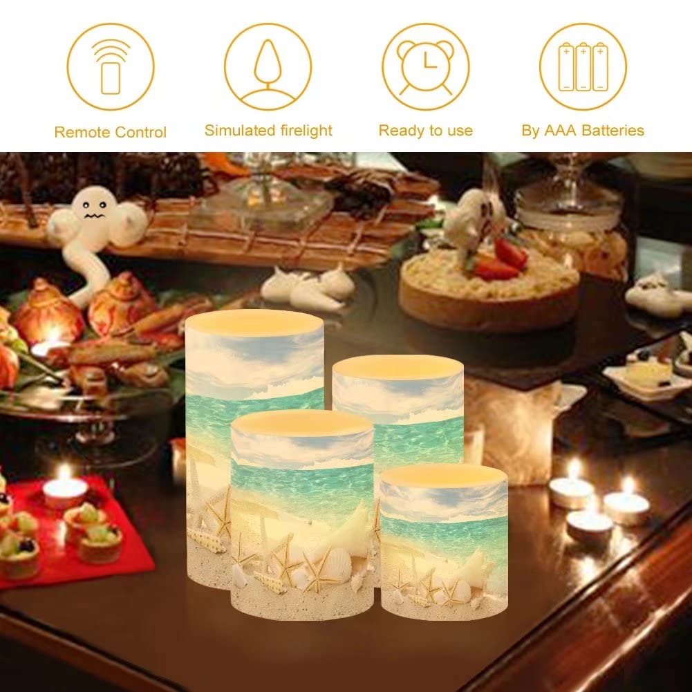 NETILGEN Beach Starfish Seashell Flameless Light Candles Battery Powered with Timer Remote Color Chaging Pillar Candle with Warm Yellow Color Changing Light Pack of 4