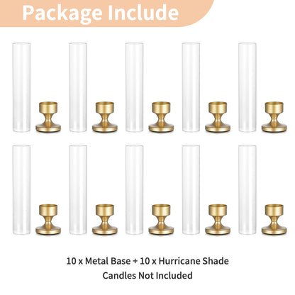 NUPTIO Hurricane Glass Candle Holder: Set of 10 Metal Taper Candle Holders with Sleeves - Gold Candlestick Holders Bulk for Outdoor Party Wedding Table Centerpiece Decoration