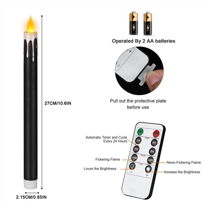 wemarry Flameless Taper Candles 10.6" Dripless Battery Operated Taper Candles Included Remote Timer 400+ Hours by 2AA Batteries for Halloween Christmas Wedding (Black+White, 12 Pack)