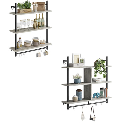 Bestier Floating Pipe Shelving Kitchen Shelves Wall Mounted 3 Tier Ladder Coffee Bar Shelf 3 Tier Bundle, Retro Grey