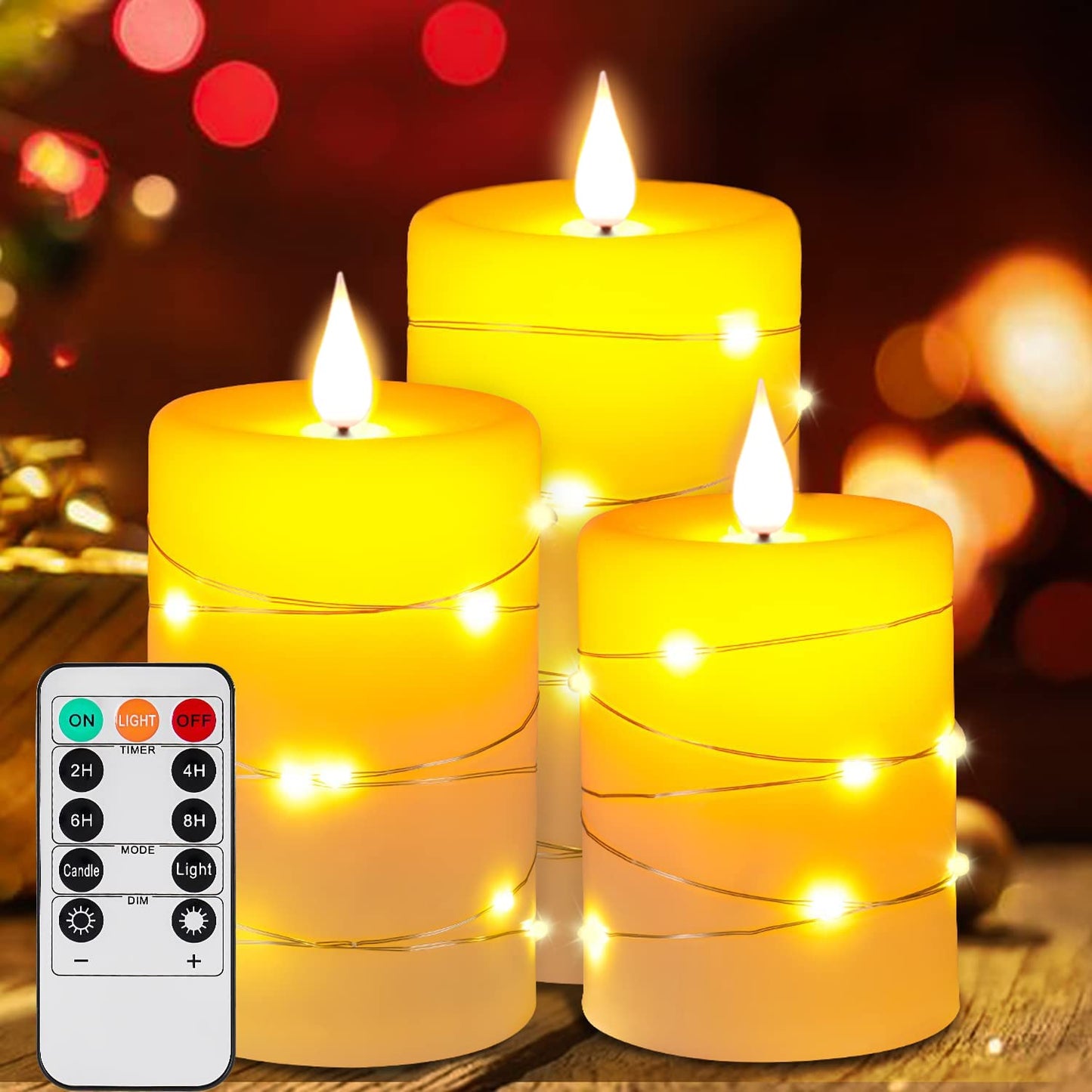 Upinmz Flickering Flameless Candles with Embedded String Lights, Battery Operated Candles with Remote Control and Timer,LED Candles for Home Decoration,Real Wax,3 Pack Ivory