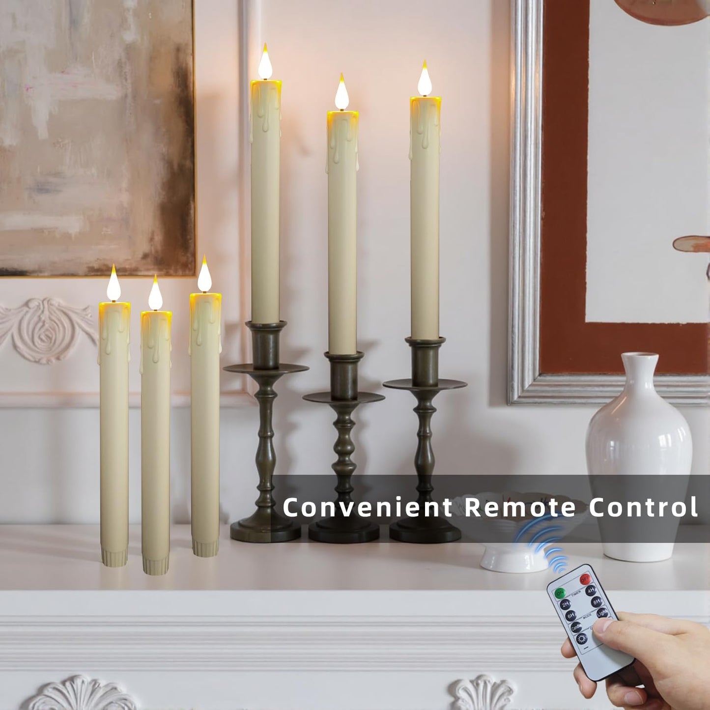 SUNGEGE 9.9-Inch Rechargeable Flameless Taper Candles, 60+ Hours Runtime, Remote & Timer, Flickering LED, Safe for Home & Events 6-Pack, Ivory, Plastic