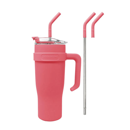 HYDRAFLOW Capri - 40oz Tumbler with Straw and Handle - Triple Wall Vacuum Insulated Tumbler - Insulated Smoothie Cup - Stainless Steel Tumbler - Reusable Tumbler with Lid - Coral