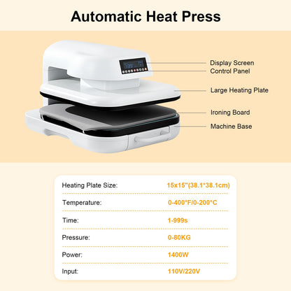 Auto Heat Press 2, Heat Press Machine for T Shirts with Adjustable Pressure & Higher Heating Height, Rapid Heating, Even Heat Distribution, 15x15 for HTV, Sublimation, Heat Transfer Projects