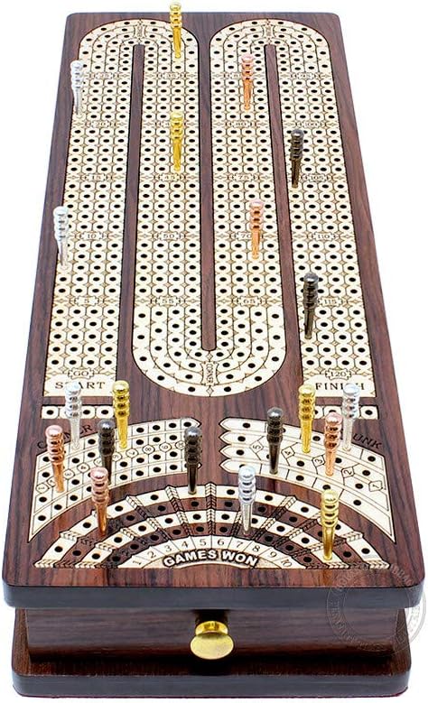 House of Cribbage - Continuous Cribbage Board/Box Inlaid in Rosewood/Maple : 4 Track - Side Drawers with Score Marking Fields for Skunks Corners and Won Games