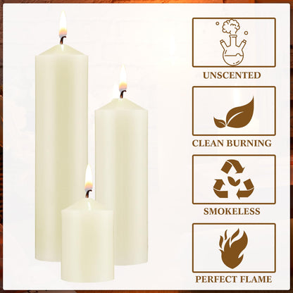 MTLEE 36 Pcs Pillar Candles Bulk Set of 3 Long Burning Wax Pillar Candles 2 in x 3, 6, 8 Inch Dripless Unscented Smokeless for Wedding Party Spa Lantern Fireplace Home(Ivory White)