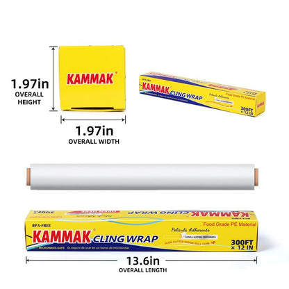 KAMMAK Plastic Wrap with Slide Cutter Food Cling Wrap 12 Inch Kitchen Cling Film BPA-Free Microwave-Safe 300 Ft Roll Food Service Film Quick Cut for Restaurant (2 Pack)