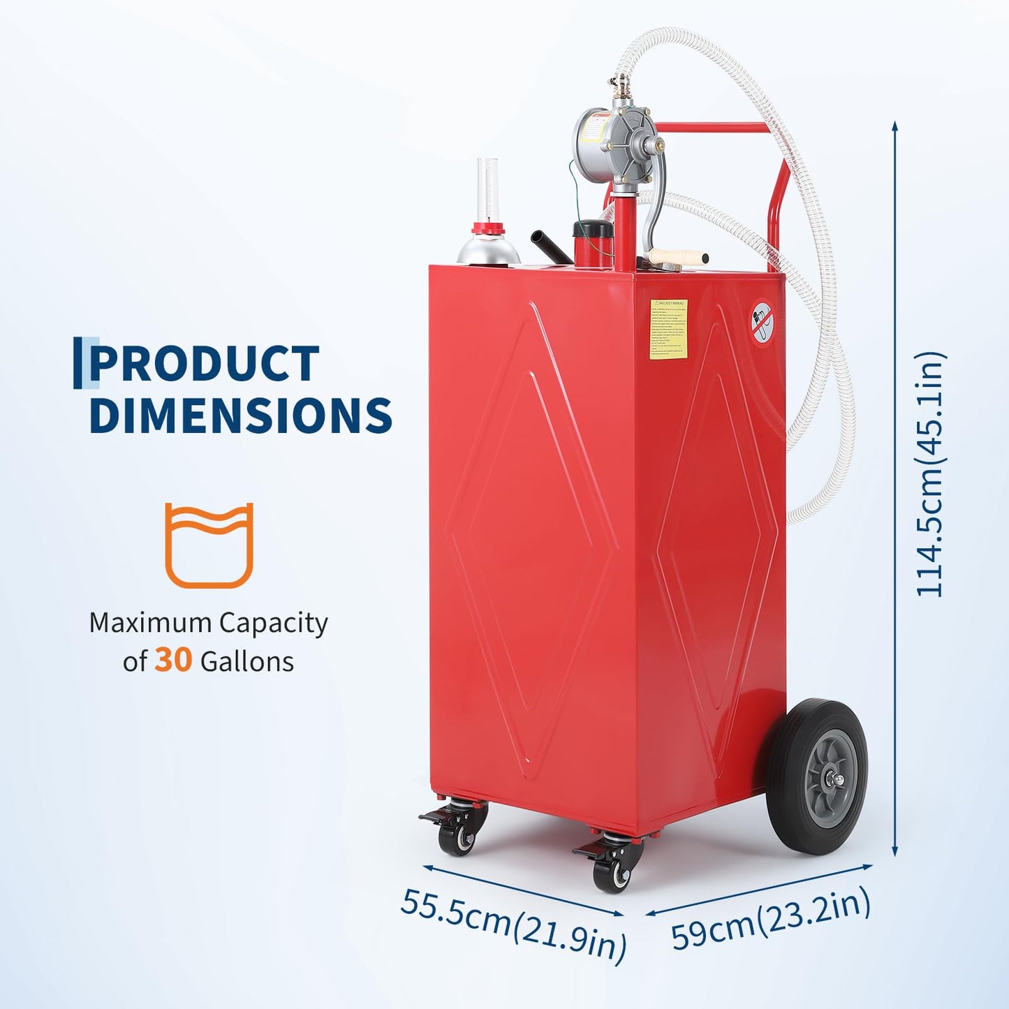 30 Gallon Portable Fuel Caddy with Manual Pump, Heavy Duty Mobile Fuel Transfer Tank On 4 Wheels, Gasoline & Diesel Storage Container for Trucks, Boats, ATVs, Lawn Mowers, Farm Equipment - Red