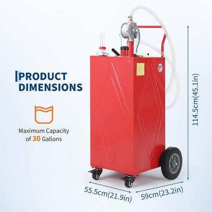 30 Gallon Portable Fuel Caddy with Manual Pump, Heavy Duty Mobile Fuel Transfer Tank On 4 Wheels, Gasoline & Diesel Storage Container for Trucks, Boats, ATVs, Lawn Mowers, Farm Equipment - Red
