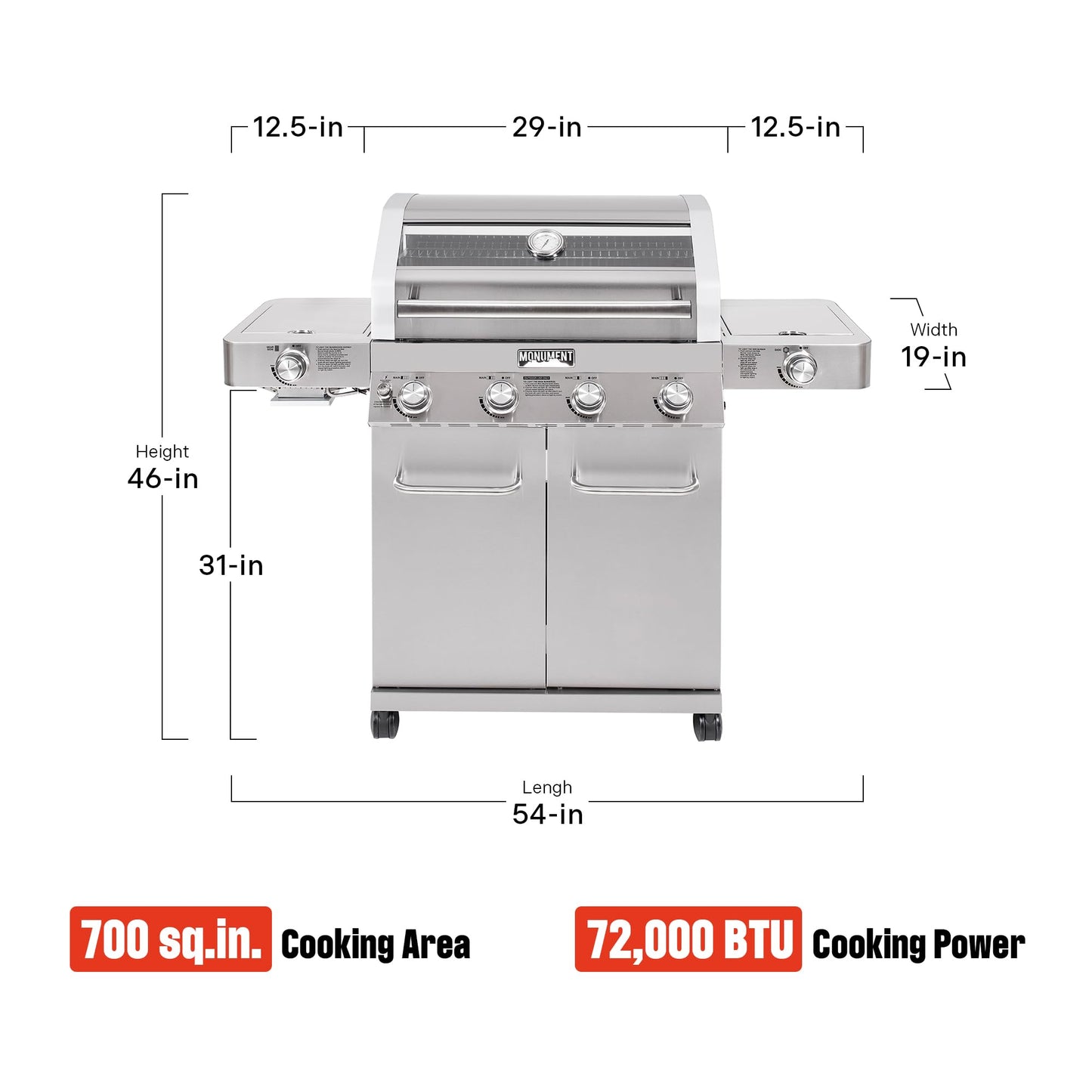 Monument Grills Larger 4+2 Burner Propane Gas Grills Stainless Steel Cabinet Style with Clearview® Lid, Knob Controls, Built-In Thermometer, Infrared Side Sear Burners & Side Burners, Outdoor Use