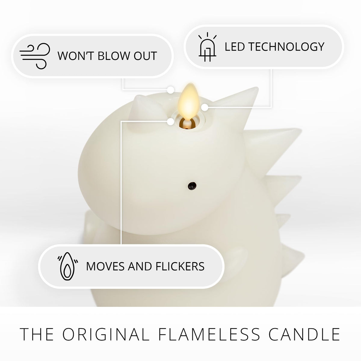 Luminara Flameless Dinosaur Figural Color Changing LED Candle, 5.7" x 6.7", Real Wax Moving Flame Battery Operated w/ 18 Button Remote, Unscented Safe