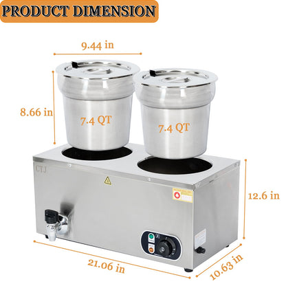 CTJ Electric Soup Warmer Two 7.4QT Nacho Cheese Warmer 304 Stainless Steel Commercial Food Warmer 86°F~185°F Adjustable, with Drain Faucet, Steam Table for Catering Restaurant Buffet
