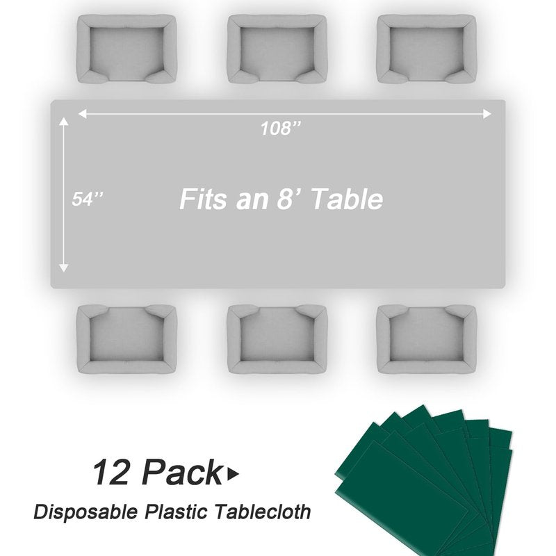 QIKSION Dark Green Plastic Table Cloth Disposable 12 Pack, 54 x 108 Inch Tablecloths for Party, Christmas Decorations, Rectangle Table Cover