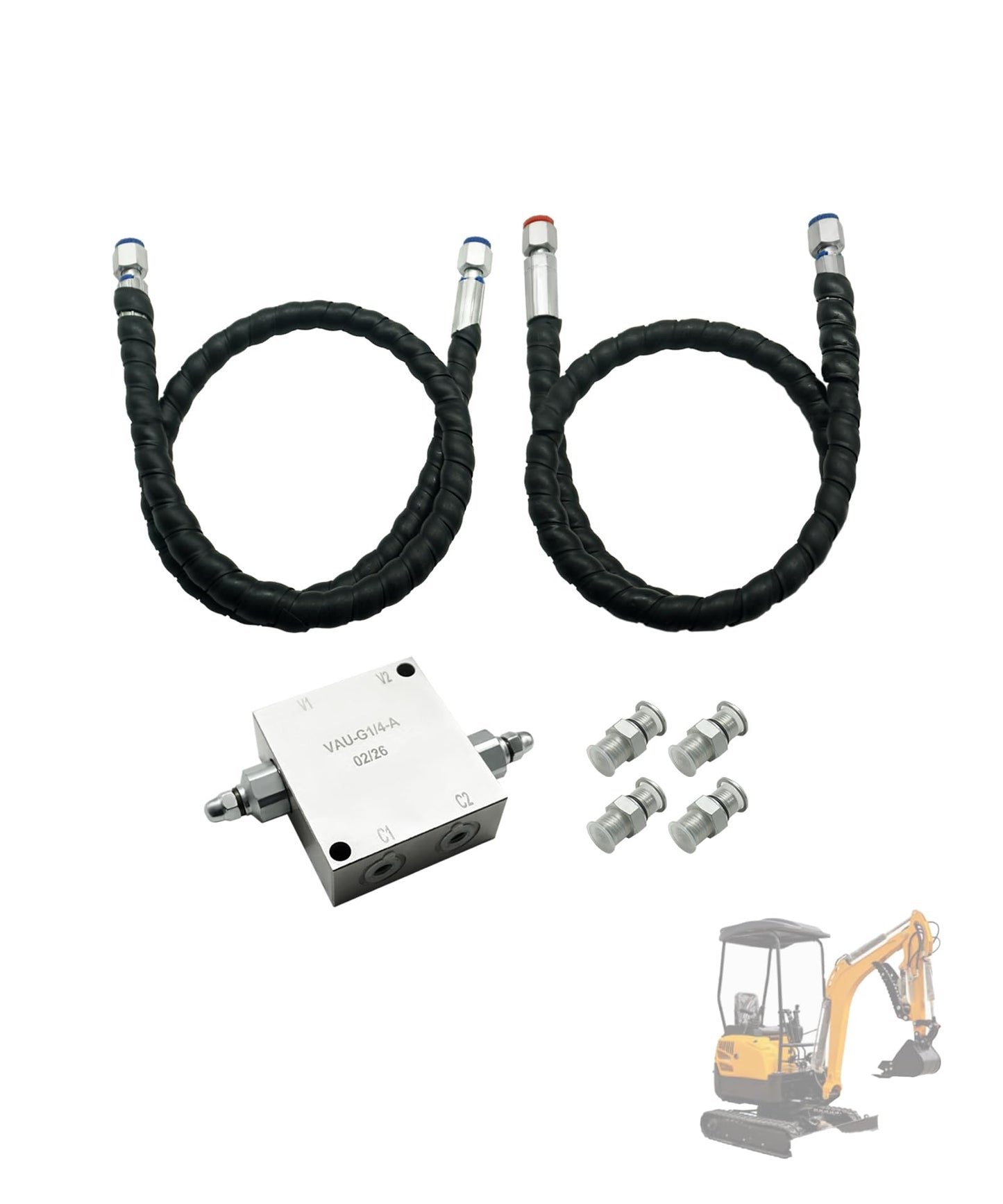Mini Excavator Cushion Valve Kit with 1/4-inch Hydraulic Hose and M14x1.5 Threaded End,Fits Any Mini Excavator Attachments, Shock Absorb & Smooth Rotation Build Suitable for Rotary Motor Assembly
