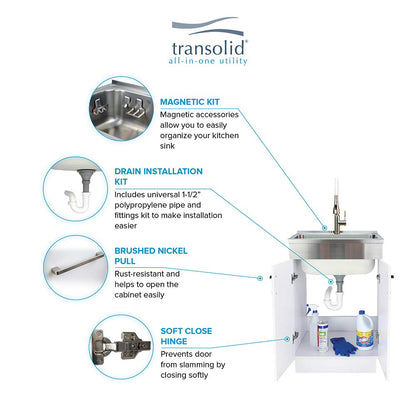 Transolid TCAB-2420-WSW 24-in All-in-One Laundry Cabinet Sink, Stainless Steel High Arc Faucet, and Basket in White