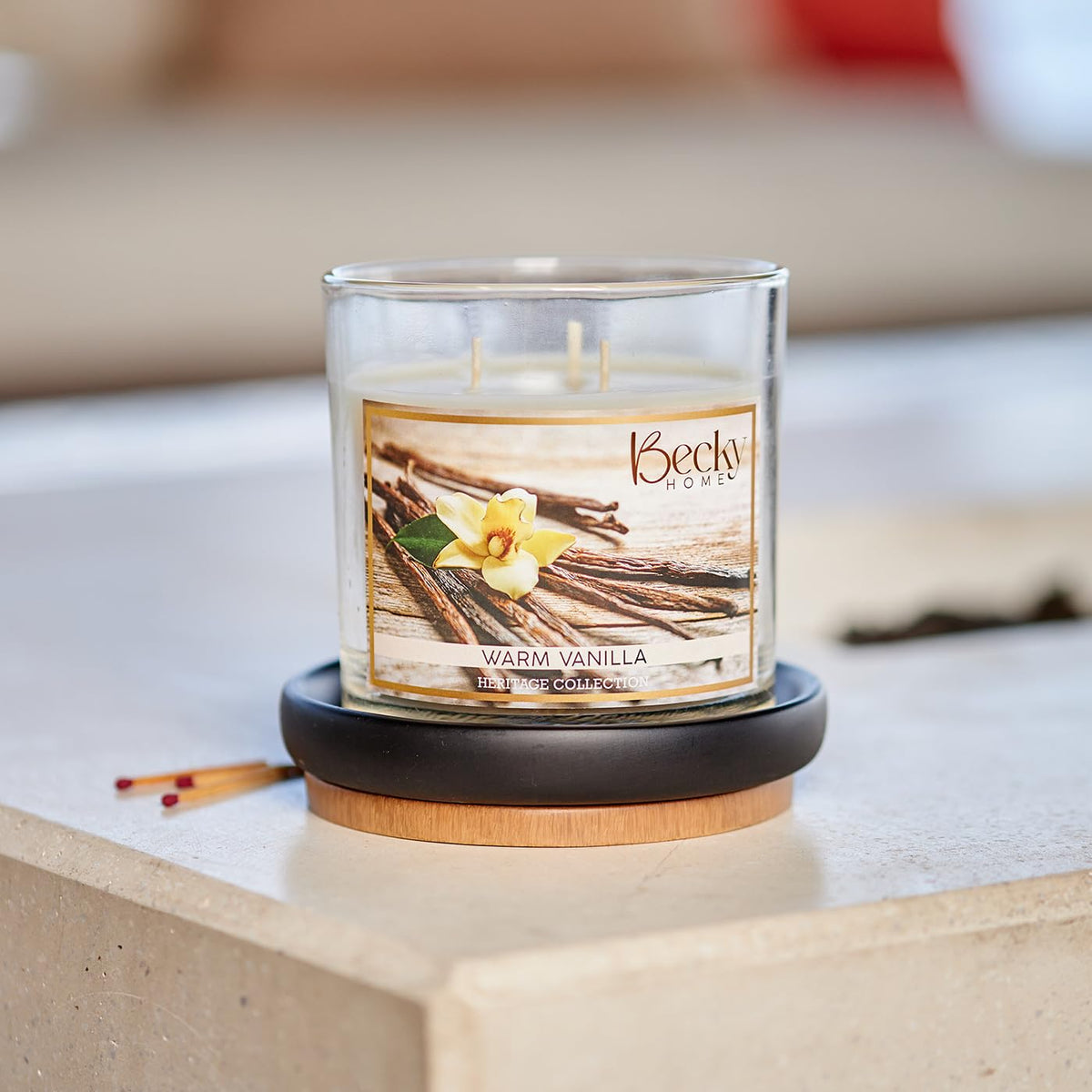 Becky Home Warm Vanilla 3 Wick Candle, 14.5oz, Large, Traditional, White, Glass Jar, 4" H x 4" D, 60+ Hour Burn Time, Indoor Use, 1 Count
