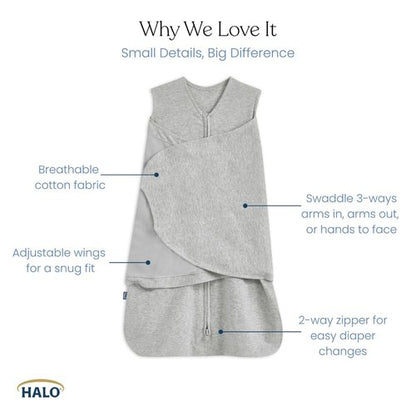 HALO 100% Cotton Sleepsack Swaddle - 3-Way Adjustable Wearable Blanket, Baby Blue, Newborn (0-3 Months)