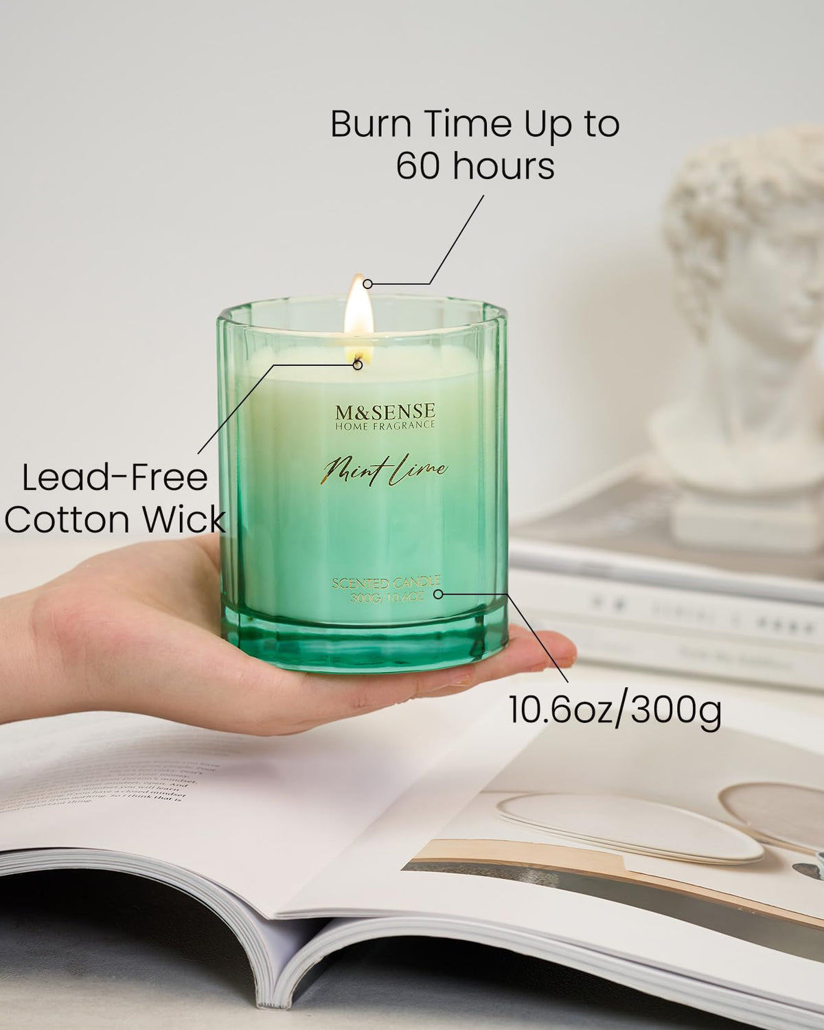 M&SENSE Mint Scented Candle - 10.6oz Natural Soy Wax 60-Hour Long Lasting Burn Time Non Toxic Relaxing Candle for Summer, Yoga, Spa & Stress Relief for Family Friends