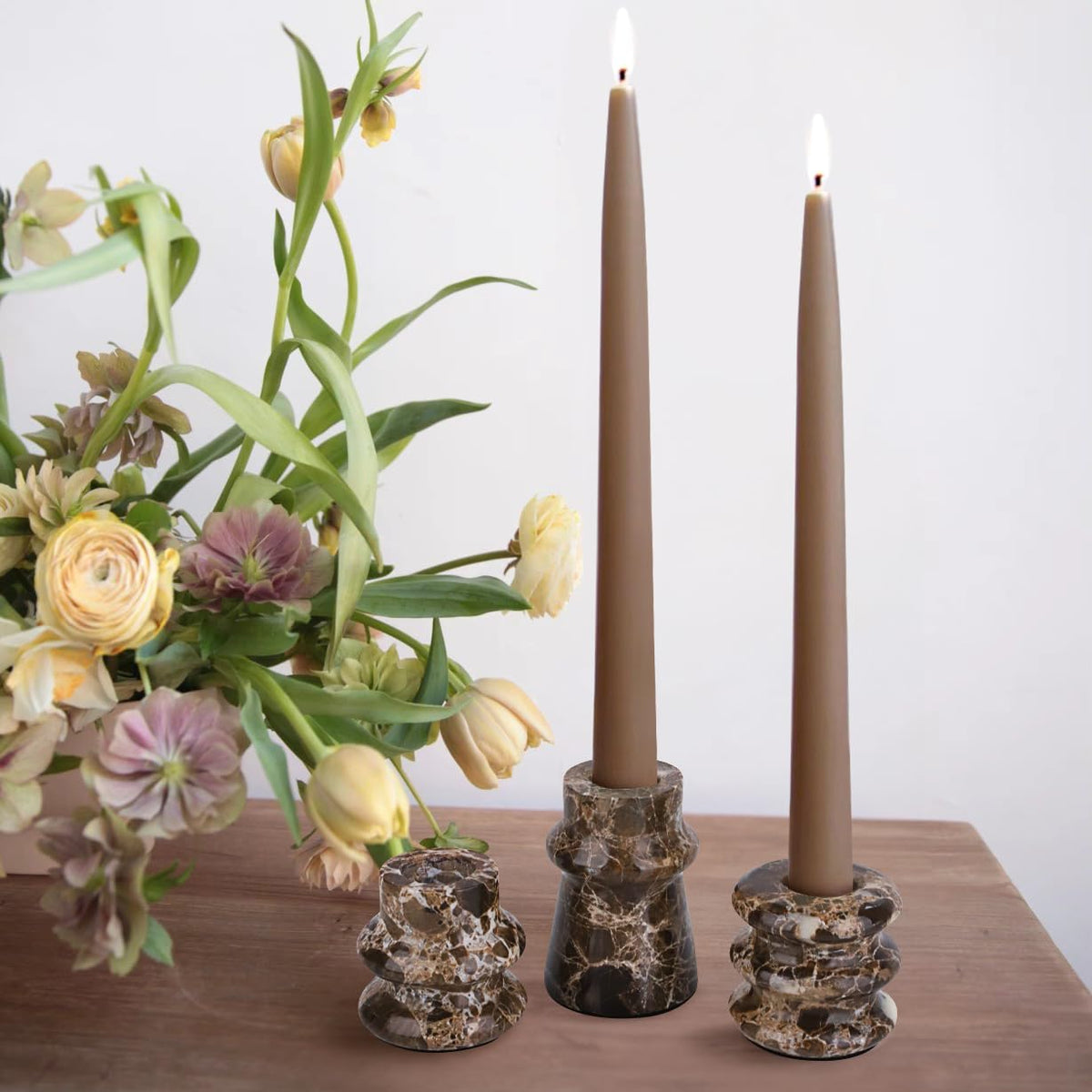 Vixdonos Marble Candle Holder Set of 3 Taper Candle Candlestick Mantle Candle Stand for Home Decor,Wedding,Party and Table Centerpieces(Brown)
