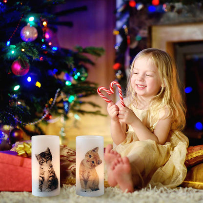 Wondise Flameless Flickering Candles with Remote and Timer, Battery Operated Real Wax Pillar Candles with Lovely Cat Decal for Christmas Home Decoration Gifts(3 x 3 x 6 Inch)