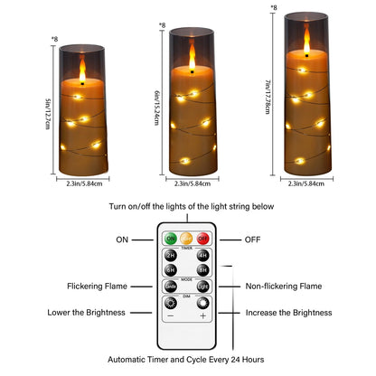 Flameless LED Candles with Timer 24 Pc Flickering Flameless Candles for Romantic Ambiance and Home Decoration Stable Acrylic Shell,with Embedded Star String，Battery Operated Candles（Grey）