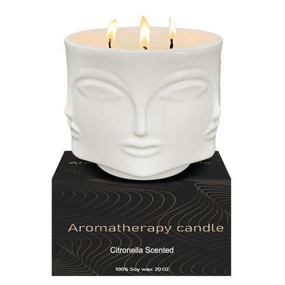 Outdoor Decorative White Large Citronella Candle, 20oz, Ceramic, 3 Wick Scented Candles, 100% Soy, for Patio Decor, Outside Table Decor, Camping Accessories