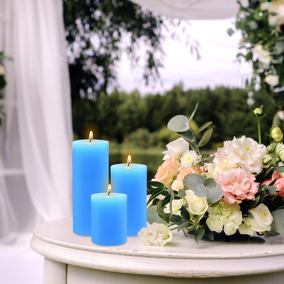Blue Pillar Candles Set of 3 - Dripless Unscented - 3x4, 3x6 & 3x8 inches Decorative Candles for Home Decor & Table Centerpieces