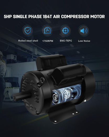 5HP Electric Motor, Air Compressor Motor, 1750 RPM, Single Phase,184T Frame, 208V-230V, 1-1/8"Shaft Diameter Rolled Steel Shell 60HZ