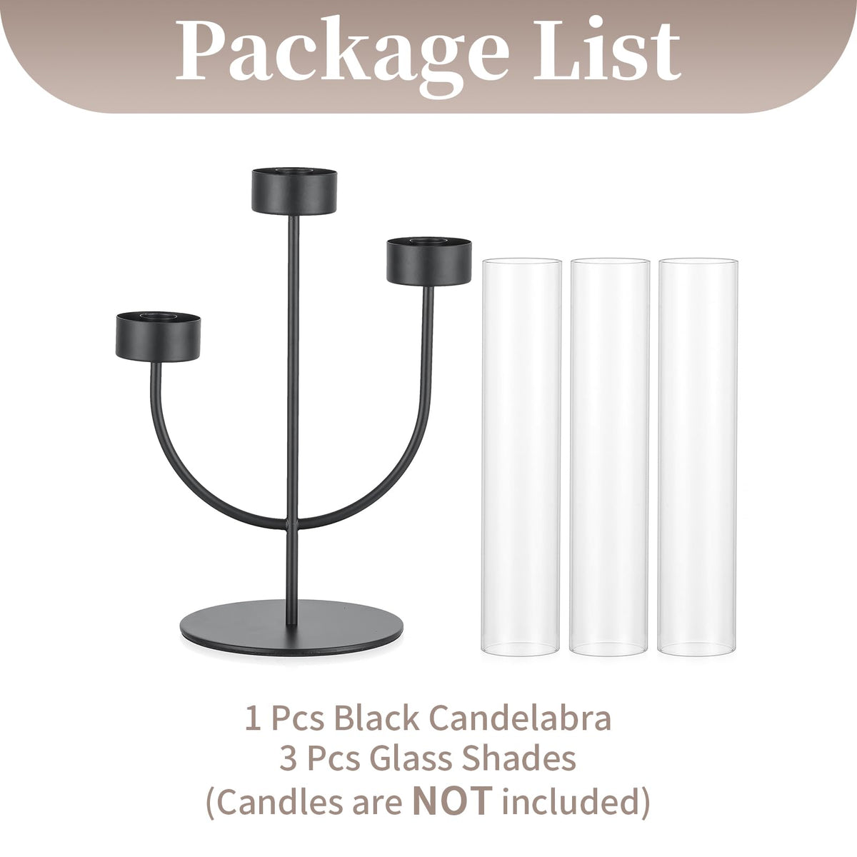 Sziqiqi Black Candelabra Candle Holder: 3 Arm Candlesticks Holder Decor with Glass Hurricane for Dining Table Centerpiece - Metal Candelabra for Halloween Outdoor Dinner Fireplace