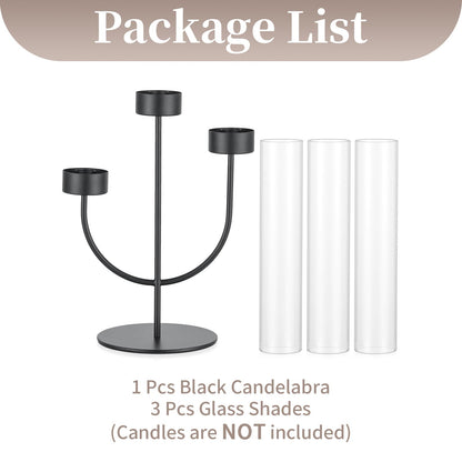 Sziqiqi Black Candelabra Candle Holder: 3 Arm Candlesticks Holder Decor with Glass Hurricane for Dining Table Centerpiece - Metal Candelabra for Halloween Outdoor Dinner Fireplace