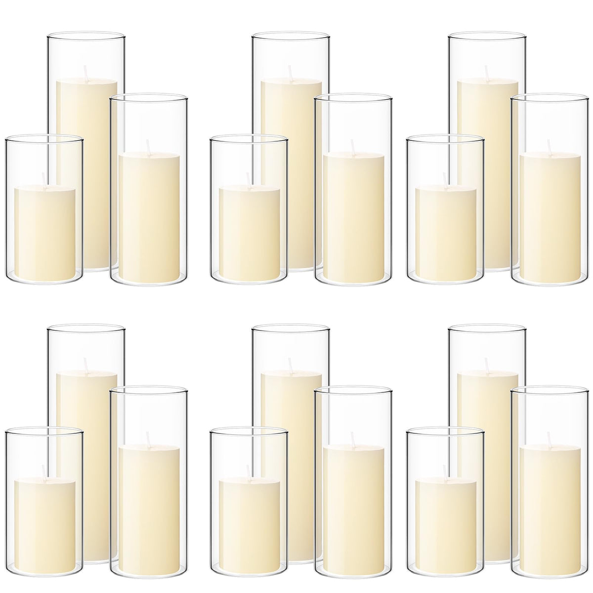 Shihanee 36 Pcs Pillar Candles and Glass Cylinder Vases Tall Cylinder Holders for Pillar Candles Wedding Centerpieces, Total 18 Sets(2.6'' X 4.7'', 5.9'', 7.9'',Clear,Ivory)