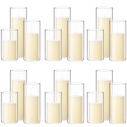 Shihanee 36 Pcs Pillar Candles and Glass Cylinder Vases Tall Cylinder Holders for Pillar Candles Wedding Centerpieces, Total 18 Sets(2.6'' X 4.7'', 5.9'', 7.9'',Clear,Ivory)