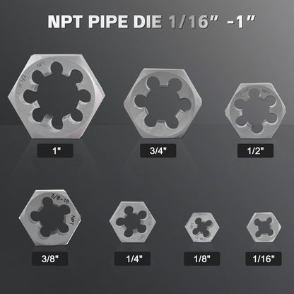 Consfly NPT Pipe Tap and Die Set, Hex Die Set 1/16", 1/8", 1/4", 3/8", 1/2", 3/4" and 1", 15pcs High Speed Steel Taps & Dies with Storage Case