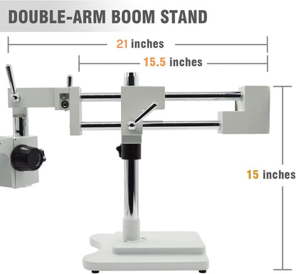 Professional Trinocular Stereo Zoom Microscope, 3.5X-90X Magnification with WF10X Eyepieces, 0.7X-4.5X Zoom Objective and 0.5X & 2.0X Auxiliary Lens, Double-Arm Boom Stand, 56S LED Ring Light