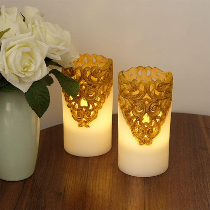 DRomance Hollow Gold Flameless Flickering Candles with 5H Timer, Battery Operated LED Pillar Candles Unscented Wax Warm Light Christmas Home Decoration(Set of 2, 3 x 6 Inches)
