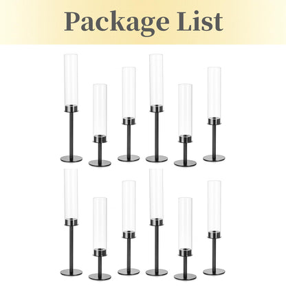 Hewory Black Candlestick Holders Hurricane Candle Holder, 12Pcs Candle Stick Candle Holder Candelabra, Taper Candle Holders with Glass Candle Cover for Wedding Table Centerpiece Christmas Decor