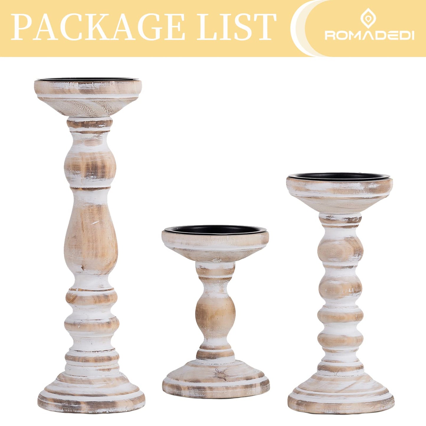 Candle Holder for Pillar Candles: Romadedi Set of 3 Decorative Wood Candlestick Holders, Rustic Wooden Candle Stand for Fireplace Mantle End Table Shelf in Farmhouse Style, Whitewashed 6”, 8.3”, 12”