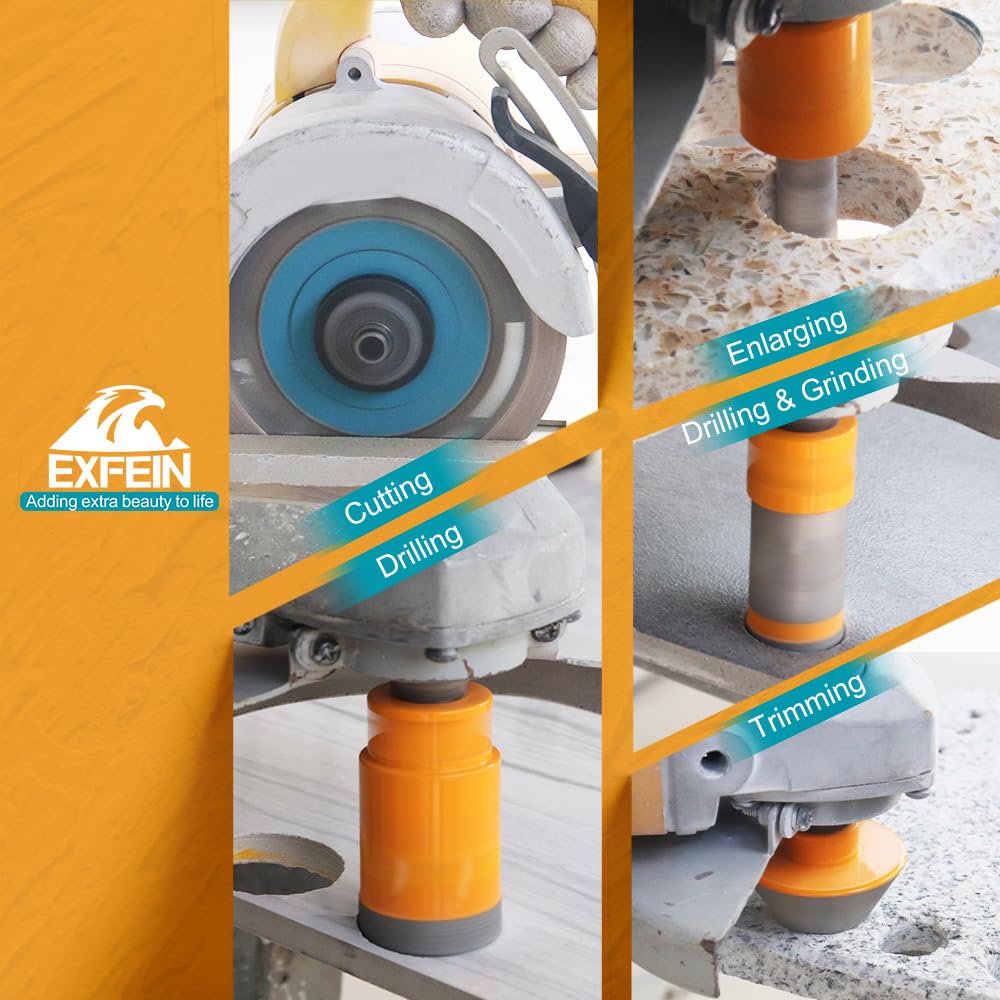 EXFEIN Diamond Tile Hole Saw Kit 12pcs - 6/8/10/25/35/50/65mm Core Drill Bits,10mm Milling Bit and 2" Chamfer Bit with Hex Adapter and 4.5" 2pcs Diamond Blade and for Tile Porcelain Marble