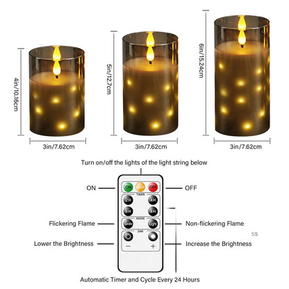 Nimiko Real Wax Flameless Candles Glass,Battery Operated LED Candles with Flickering Flame,Glass Shell,Interior Star Light Decoration Set of 3 Grey (D 3"×H 4" 5" 6") for Home Decor,Holiday Decoration