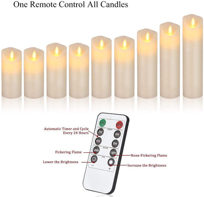 antizer Flameless Candles Set of 9 Ivory Dripless Real Wax Pillars Include Realistic Dancing LED Flames and 10-Key Remote Control with 24-Hour Timer Function 400+ Hours by 2 AA Batteries
