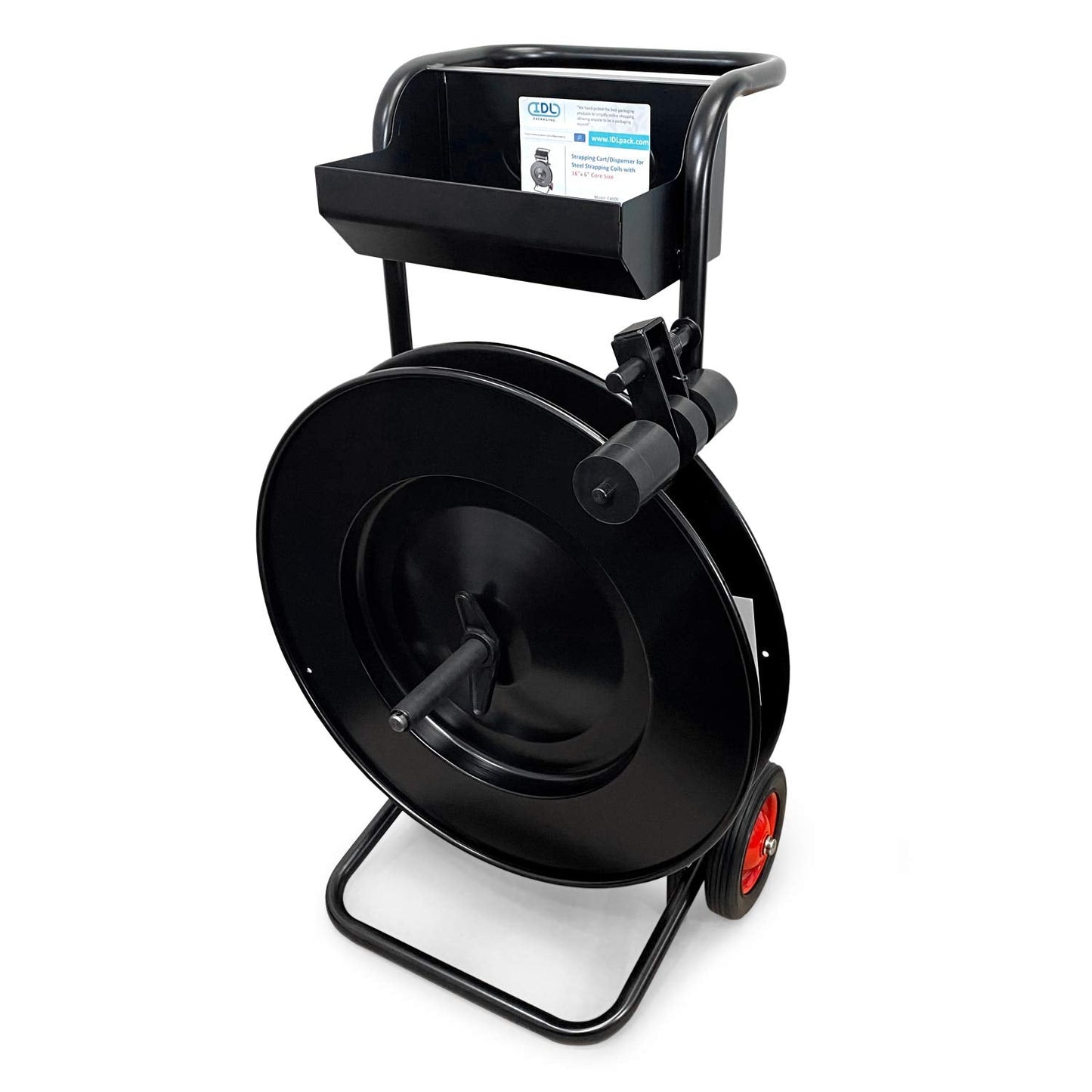 IDL Packaging CA-505 Heavy-Duty Strapping Cart & Dispenser for Steel Strapping Coils with 16" x 3" Core Size - Advanced Roller Brake System - Built-in Tray for Strapping Tools, Seals, and Gloves