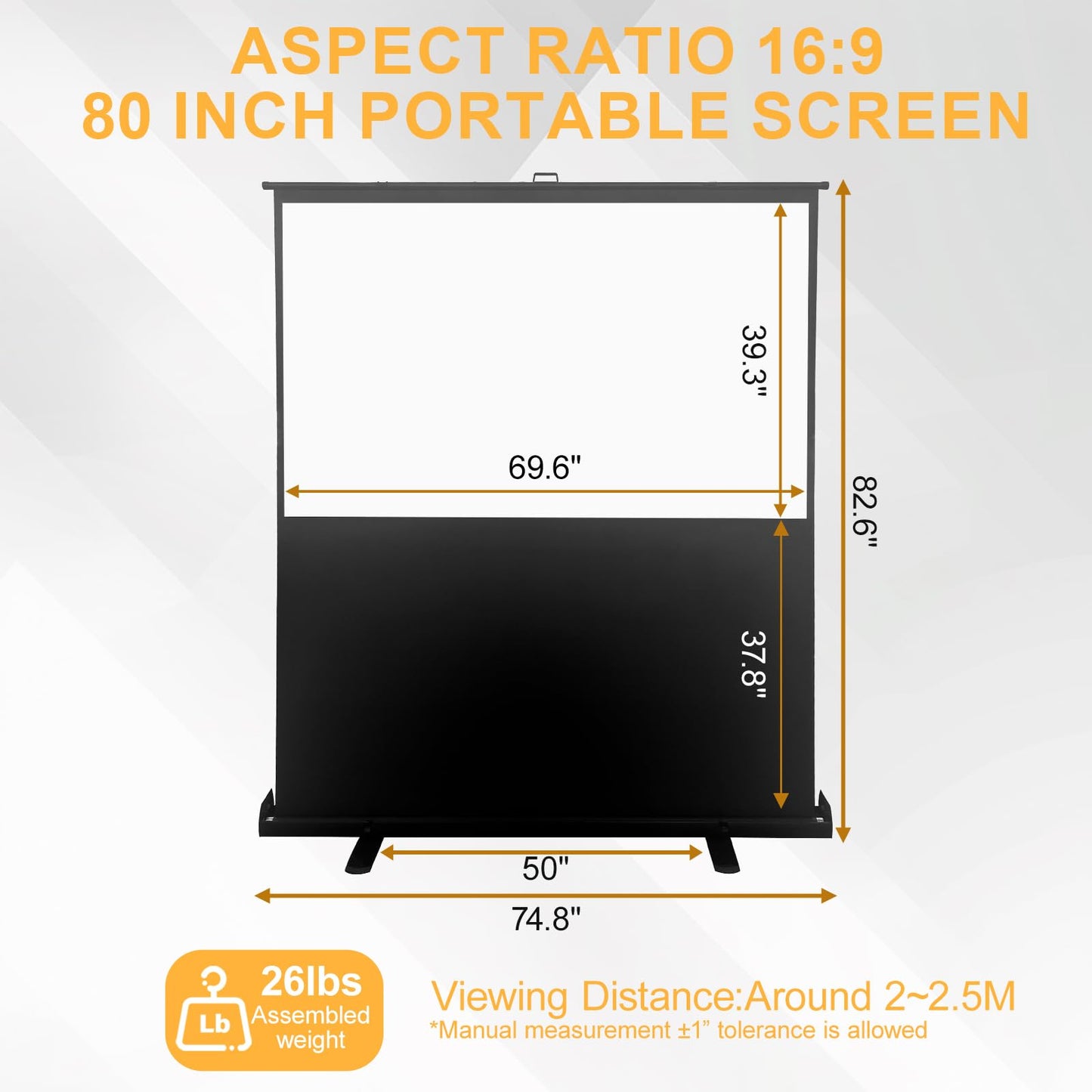LIHONG Screen 80 inch 16:9 Manual Floor Rising Pull Up Projector Screen Portable Indoor & Outdoor 4K HD Matte White for Long Standard Projection Fast Setup for Home Theater Movies,Classroom,Office