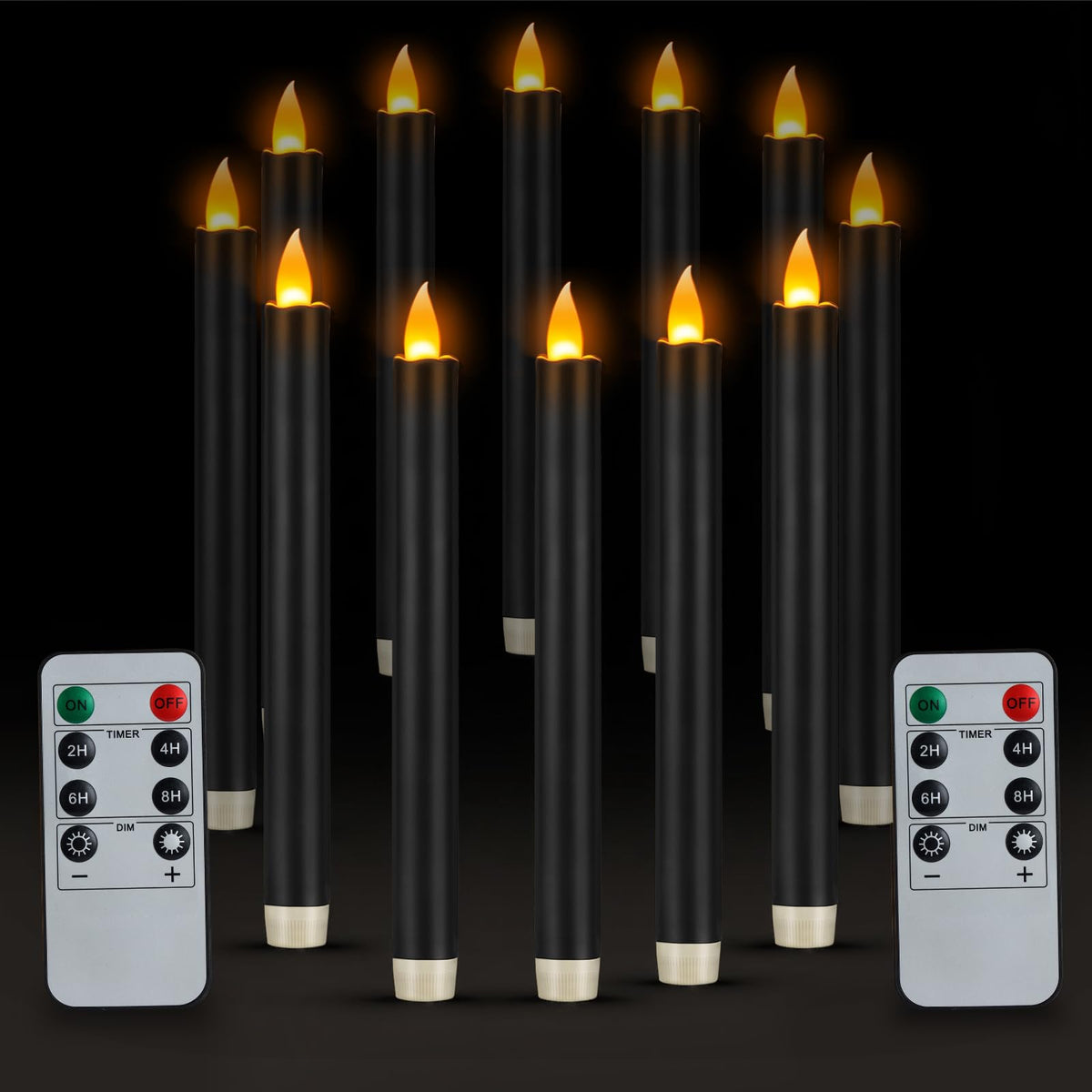wemarry Flameless Taper Candles 10" Dripless Battery Operated Taper Candles Included Remote Timer 400+ Hours by 2AA Batteries for Halloween Christmas Wedding (Black, 12 Pack)