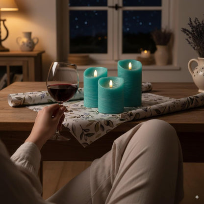 VENTA Turquoise Real Wax Flameless Candles, Set of 3 | Realistic Teal LED Pillar Candles with Remote & Timer | Perfect for Coastal, Beach House & Nautical Decor