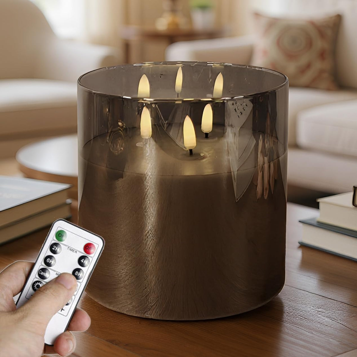 NICEME Extra Large 3 Wick Battery Operated Candle, 6"x6" Big Clear Glass Flameless Candles with Remote, Real Wax Flickering Led Pillar Fake Giant Candle for Wedding Party Holiday Home Decor, Grey