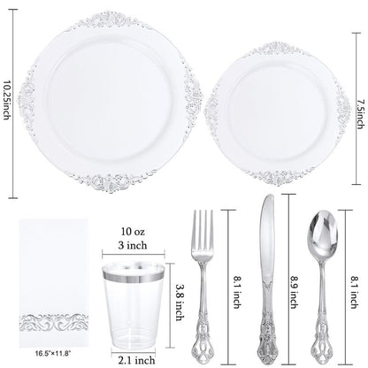 YOUBET 700PCS Silver Plastic Plates - White and Silver Disposable Plates - Silvery Plastic Dinnerware Set - Include 200 Plates, 300 Heavy Duty Silverware, 100 Cups and 100 Napkins for Wedding & Party