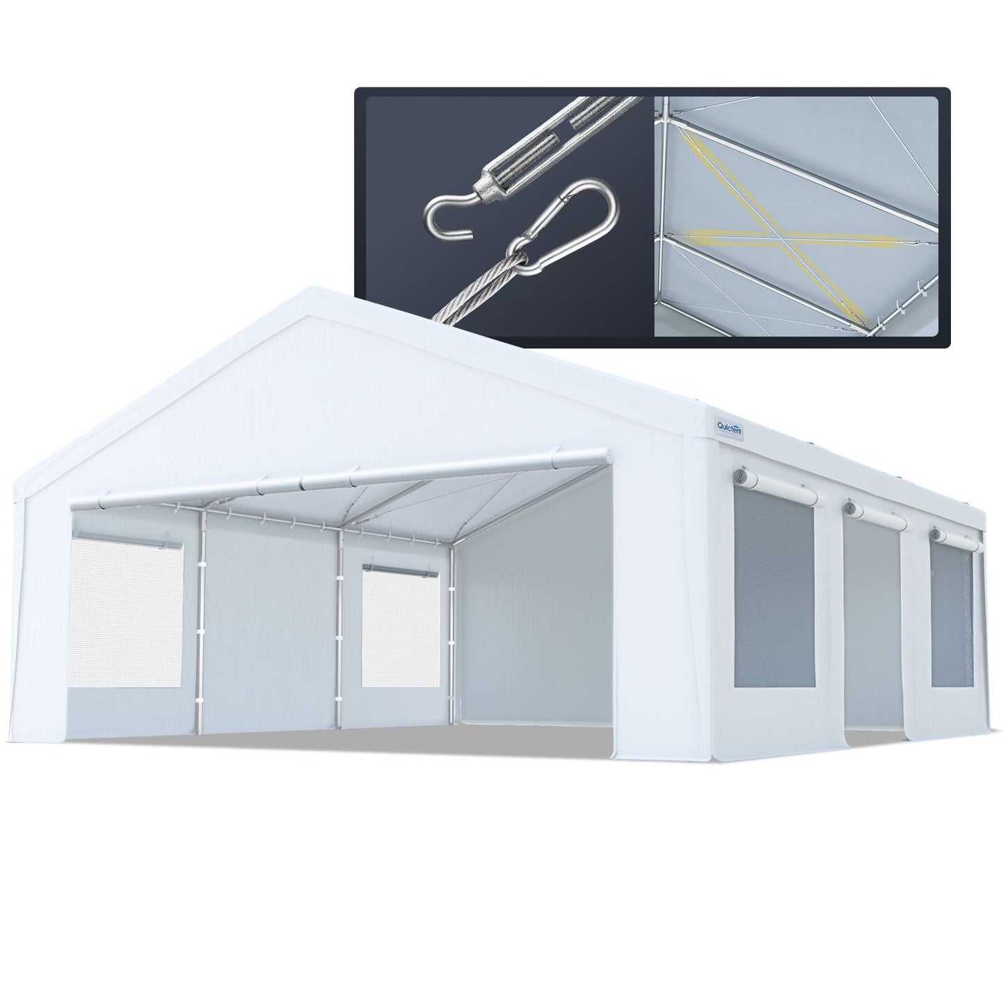 Quictent 20x20 ft Heavy Duty 2 Car Carport, Waterproof Storage Shelter with Zipper Side Doors, Snowproof Steel Cables & Ventilated Windows, Outdoor Garage for Car, White